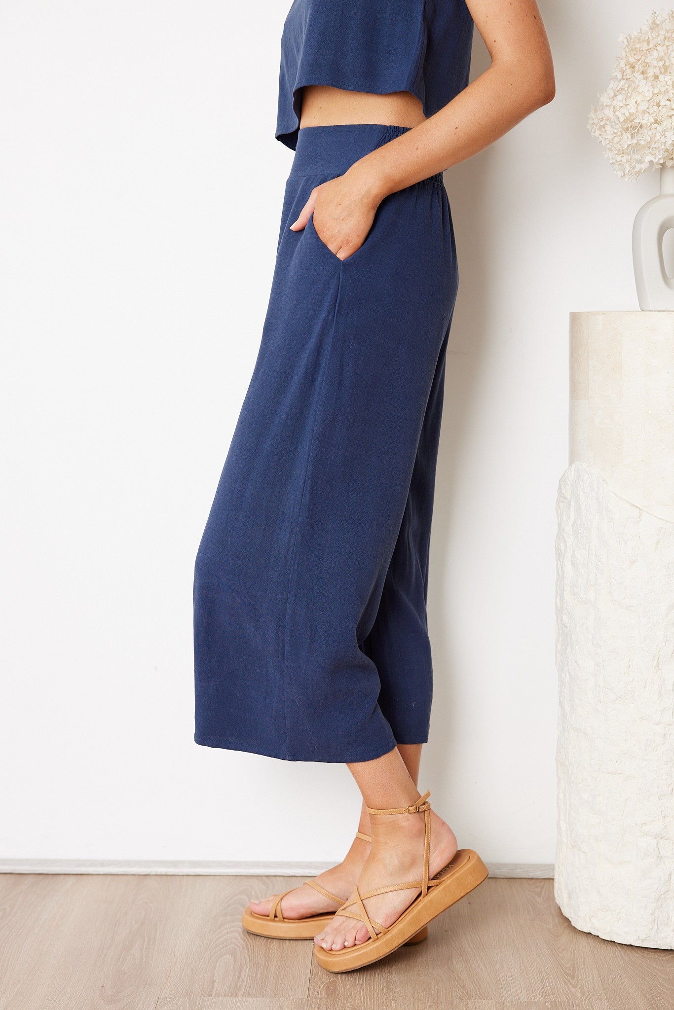 Lighthouse Navy Pants | Women's Linen Blend Wide Leg Pants