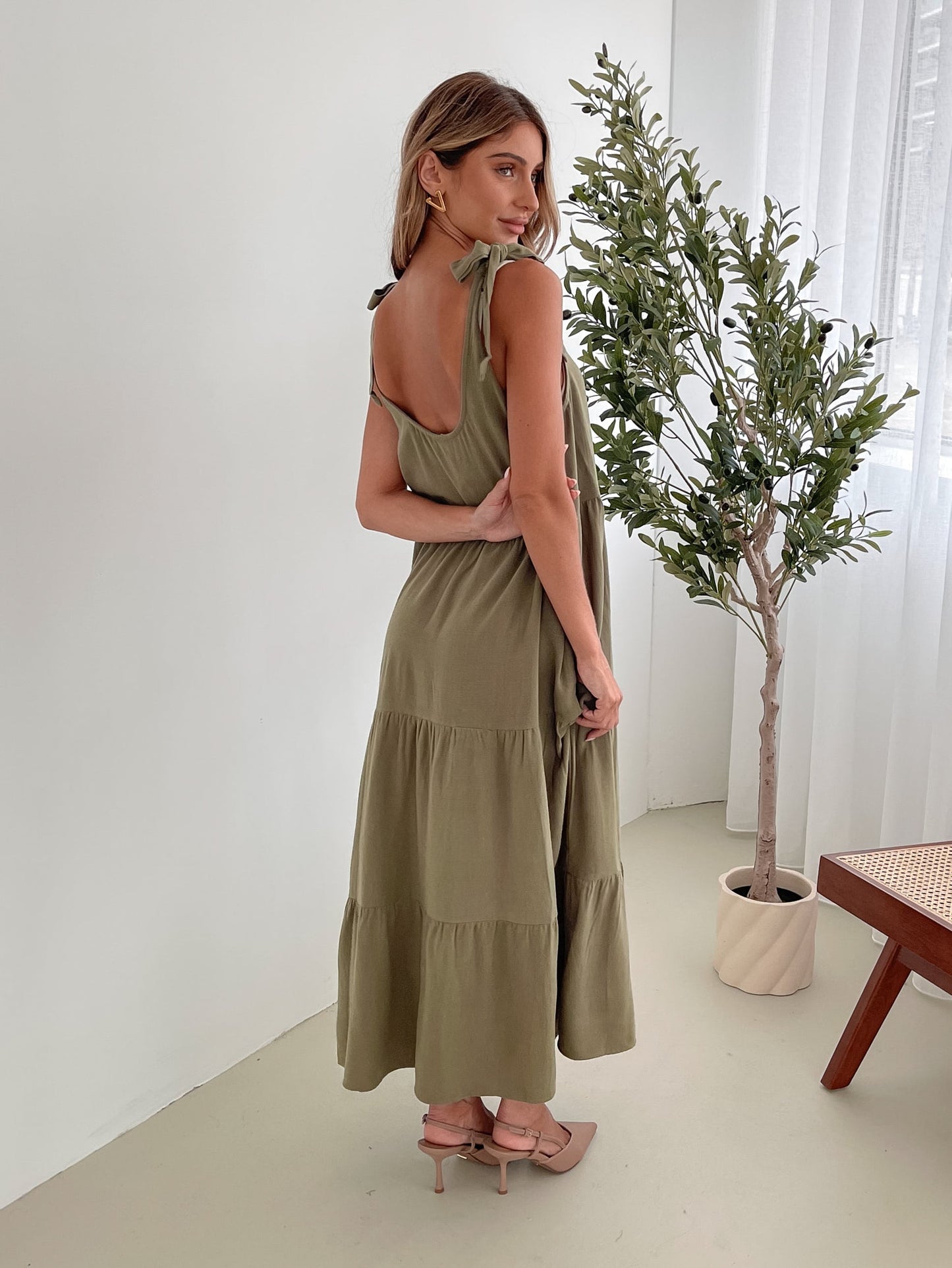 Lydia Khaki Dress | Women's Linen Blend Midi Dress