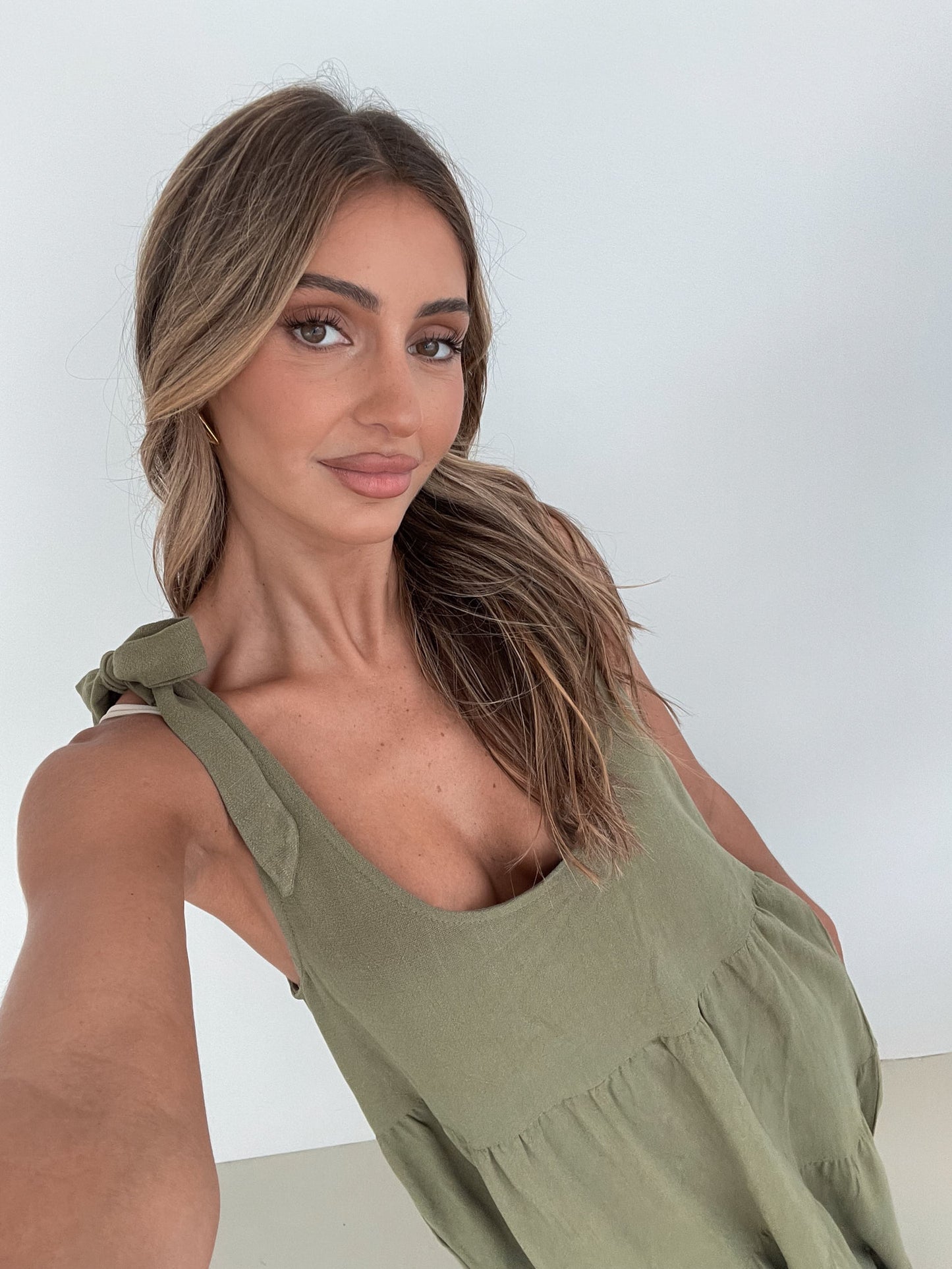 Lydia Khaki Dress | Women's Linen Blend Midi Dress