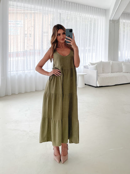 Lydia Khaki Dress | Women's Linen Blend Midi Dress