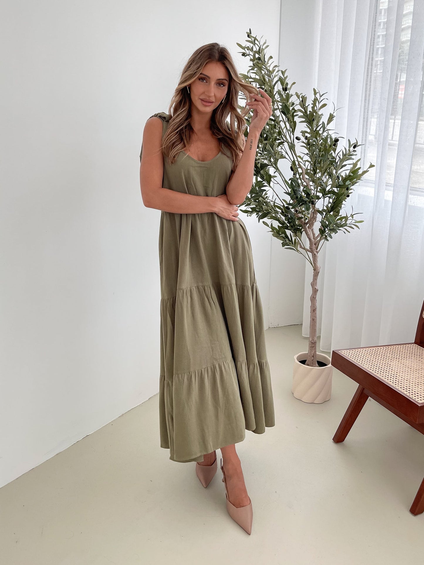 Lydia Khaki Dress | Women's Linen Blend Midi Dress