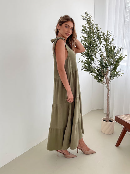 Lydia Khaki Dress | Women's Linen Blend Midi Dress