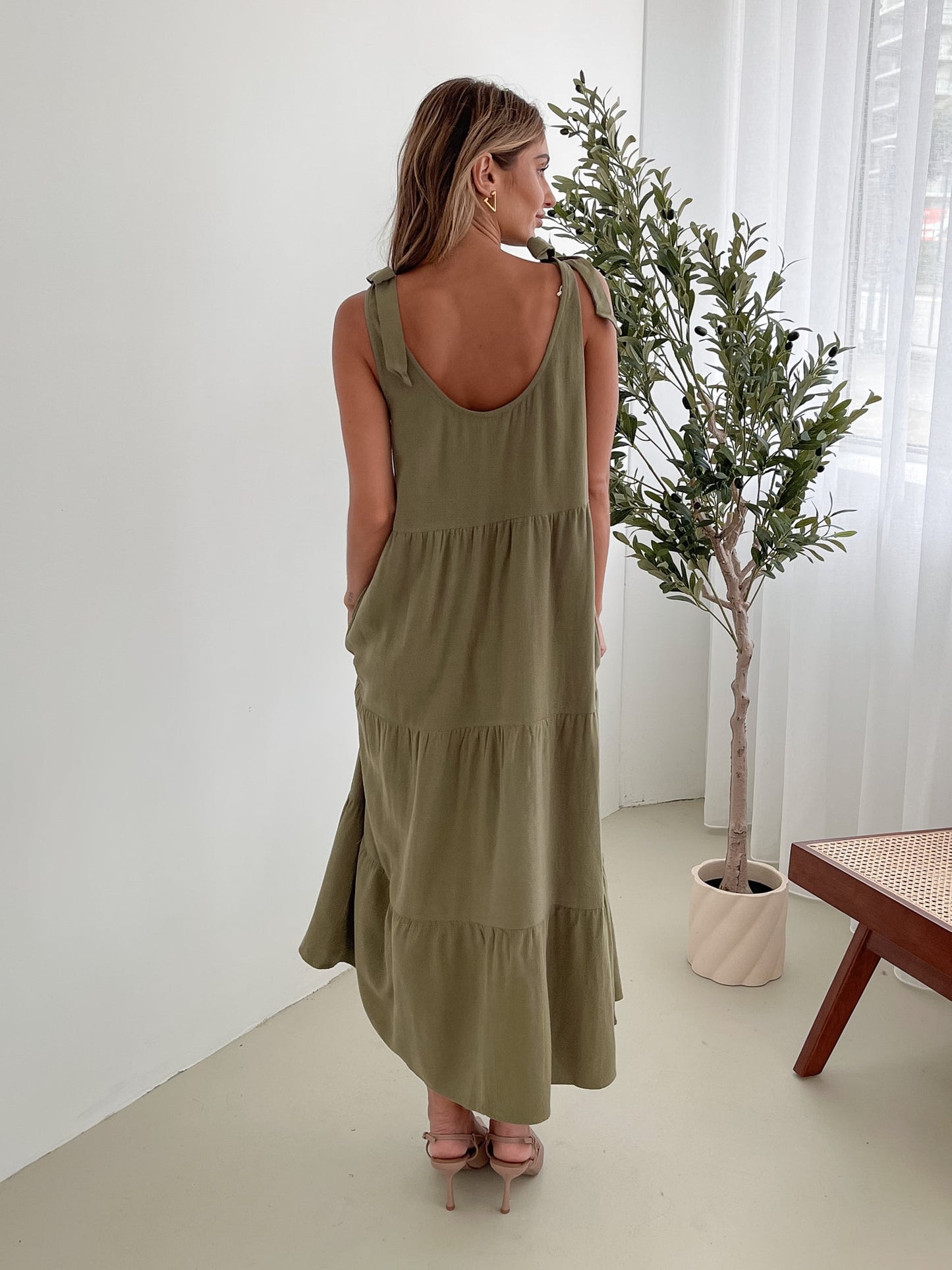 Lydia Khaki Dress | Women's Linen Blend Midi Dress