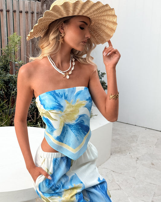 Maleeka Blue Floral Top | Women's Strapless Crop Top