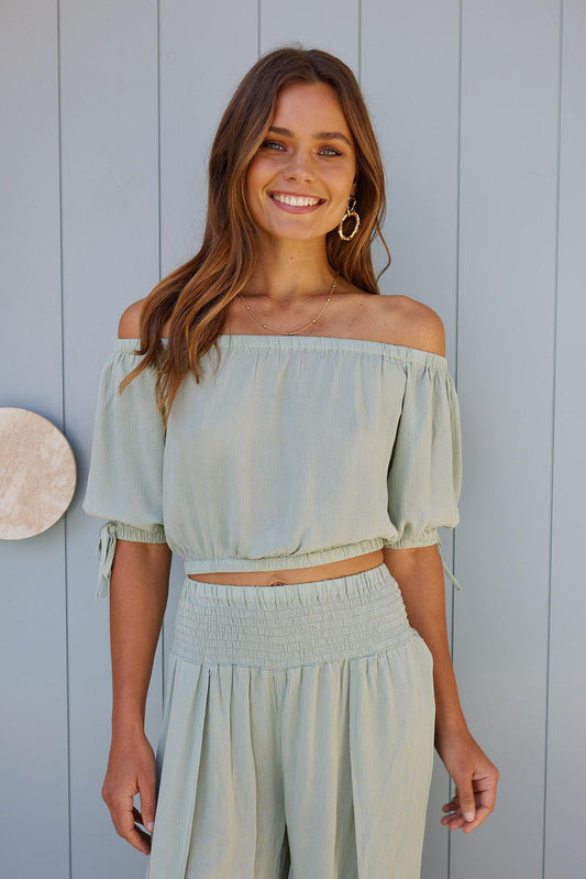 Marinda Sage Top | Women's Off Shoulder Crop Top