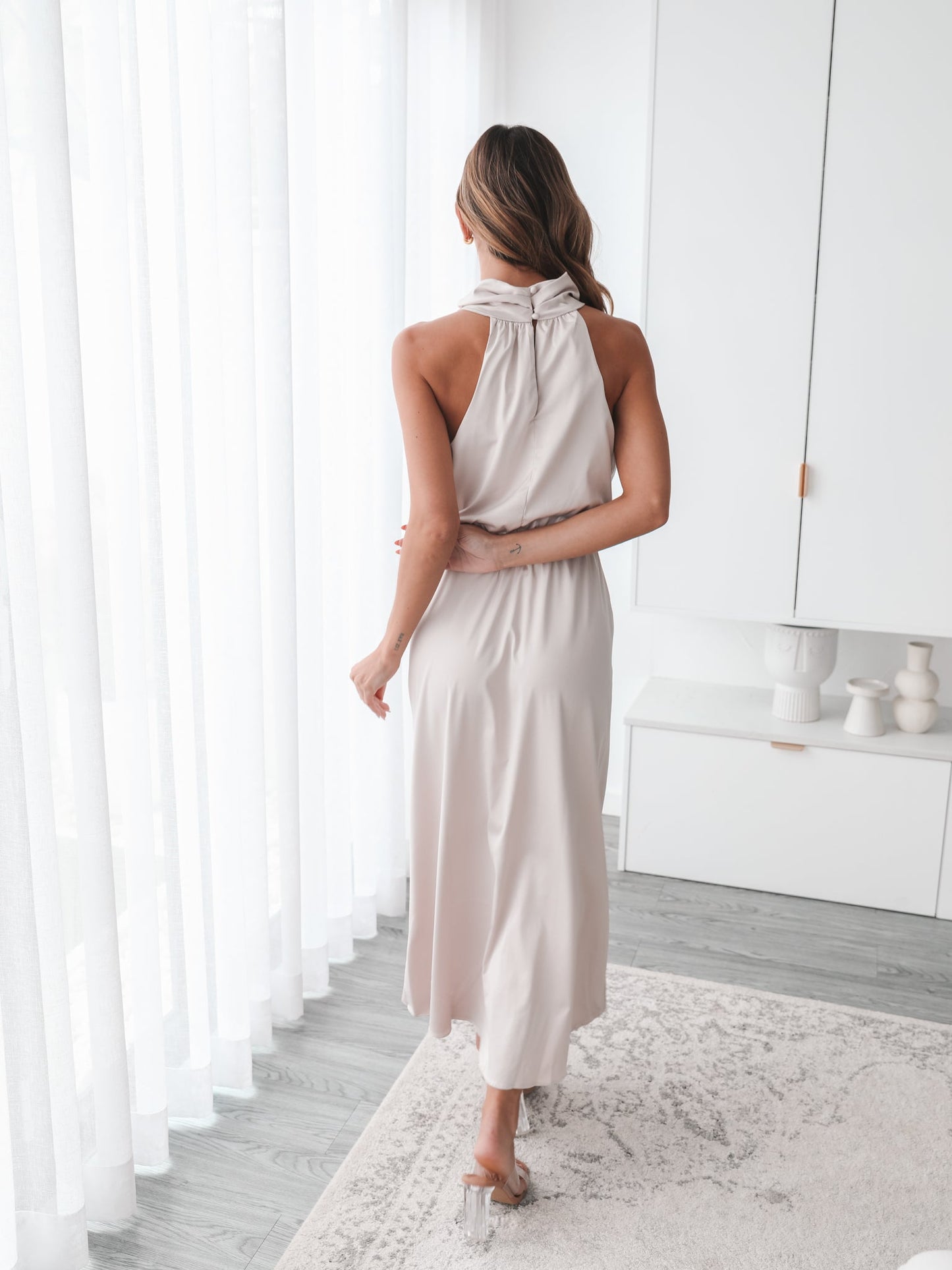 Martine Champagne Dress | Women's Satin Halter Midi Dress