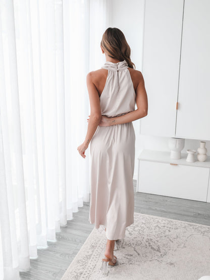 Martine Champagne Dress | Women's Satin Halter Midi Dress