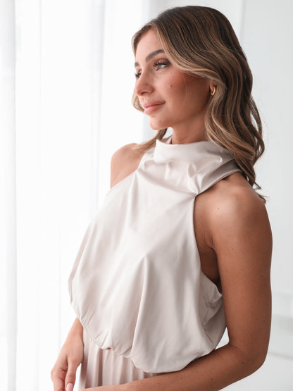Martine Champagne Dress | Women's Satin Halter Midi Dress