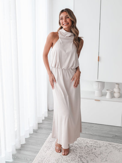 Martine Champagne Dress | Women's Satin Halter Midi Dress