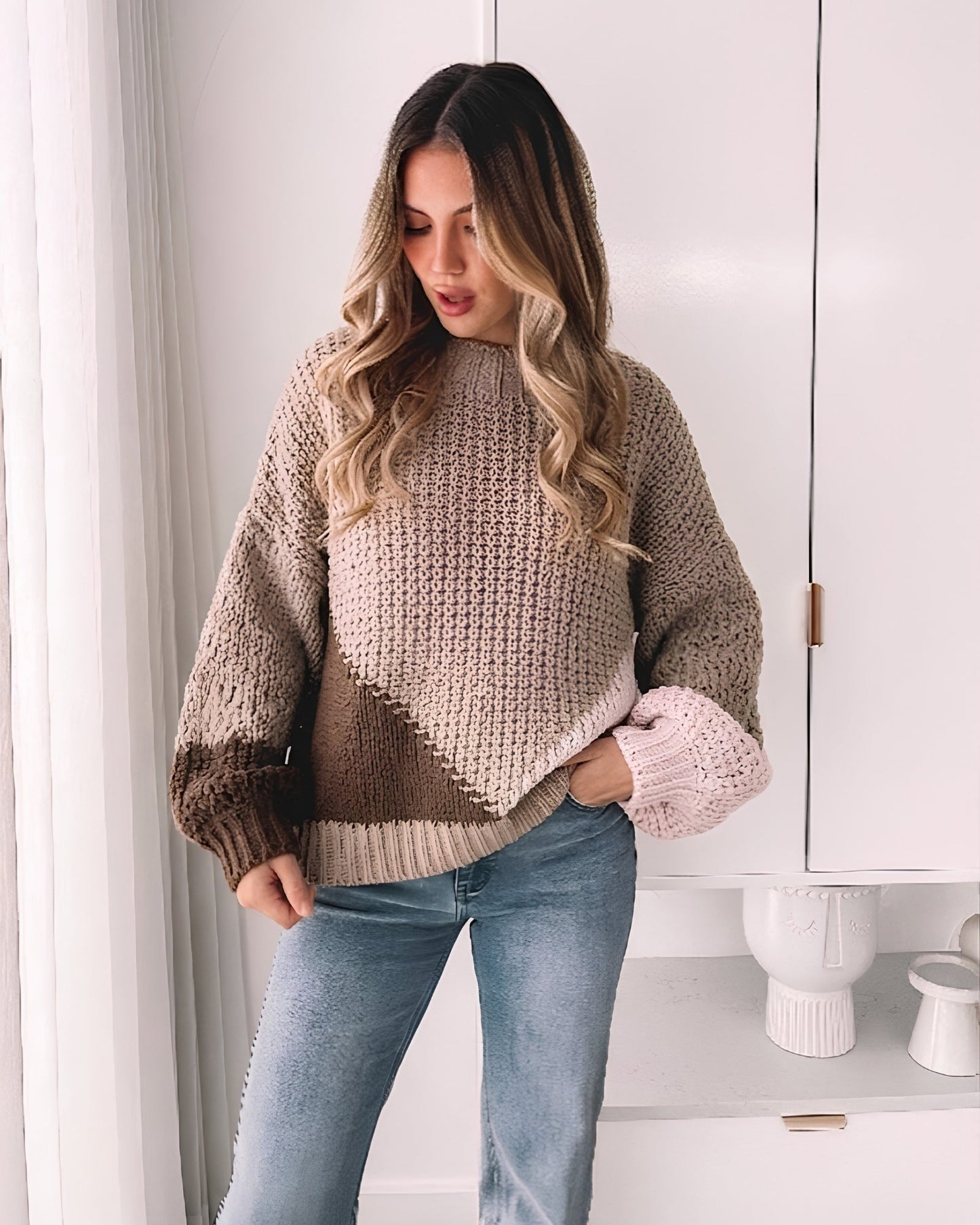 Maxence Knit - Mocha Multi | Women's Colour Block Knit Jumper