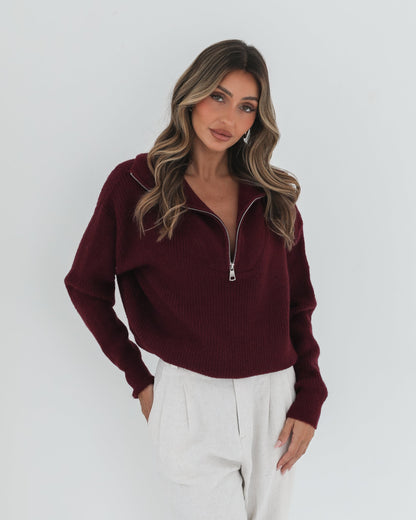Merete Knit - Bordeaux | Women's High Collar Knit Jumper