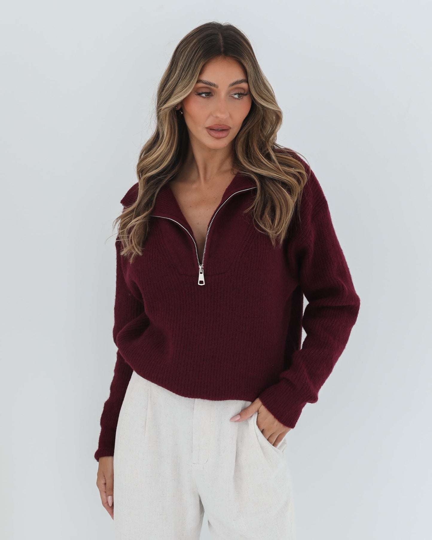 Merete Knit - Bordeaux | Women's High Collar Knit Jumper
