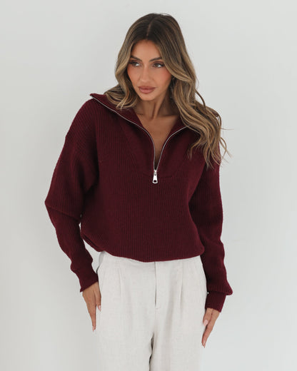 Merete Knit - Bordeaux | Women's High Collar Knit Jumper