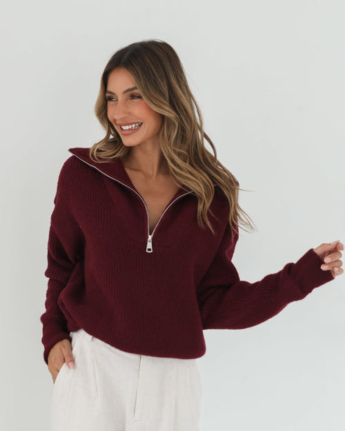 Merete Knit - Bordeaux | Women's High Collar Knit Jumper