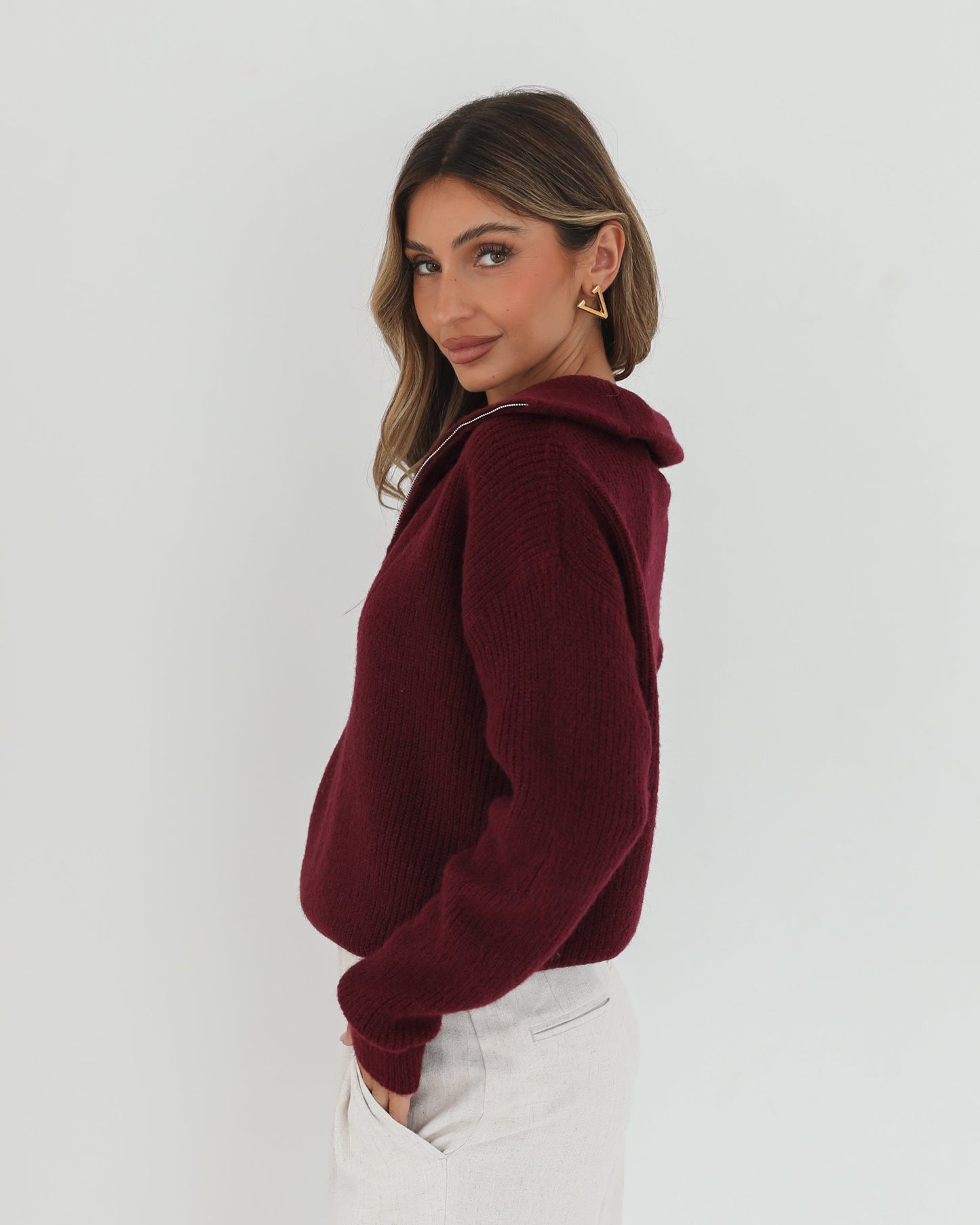 Merete Knit - Bordeaux | Women's High Collar Knit Jumper