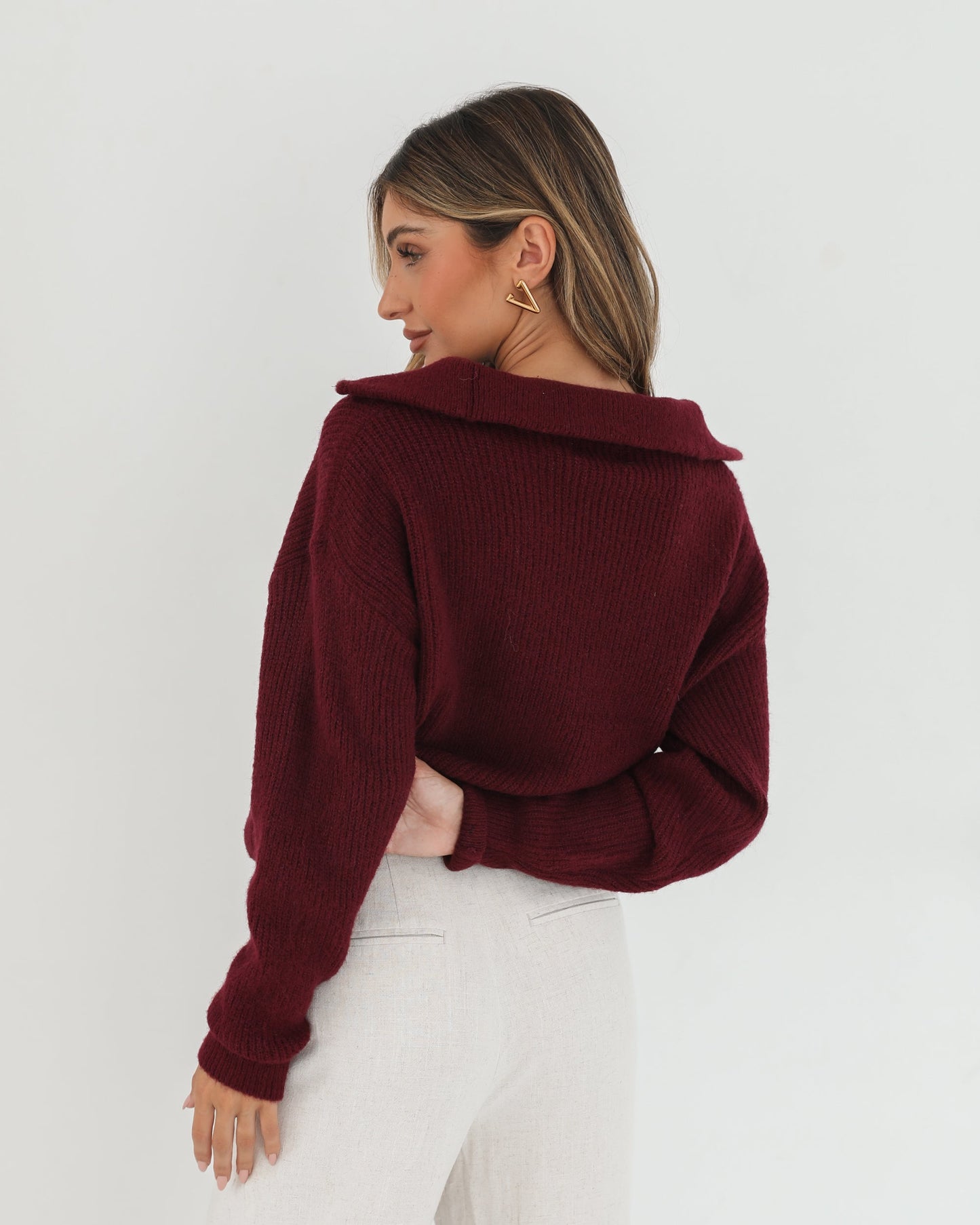 Merete Knit - Bordeaux | Women's High Collar Knit Jumper