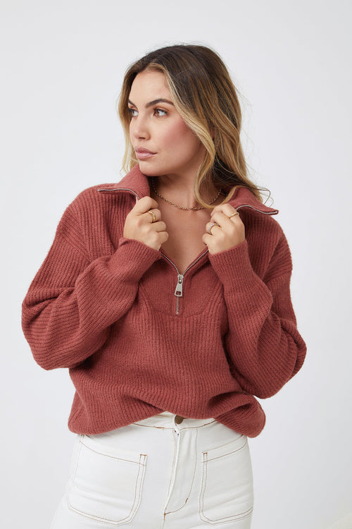 Merete Knit - Brick | Women's High Collar Knit Jumper