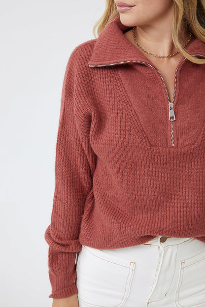 Merete Knit - Brick | Women's High Collar Knit Jumper