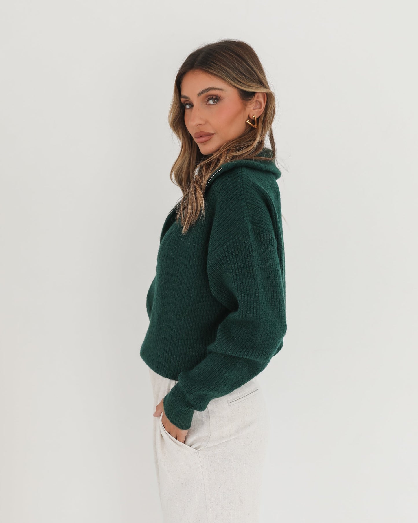 Merete Knit - Dark Green | Women's High Collar Knit Jumper