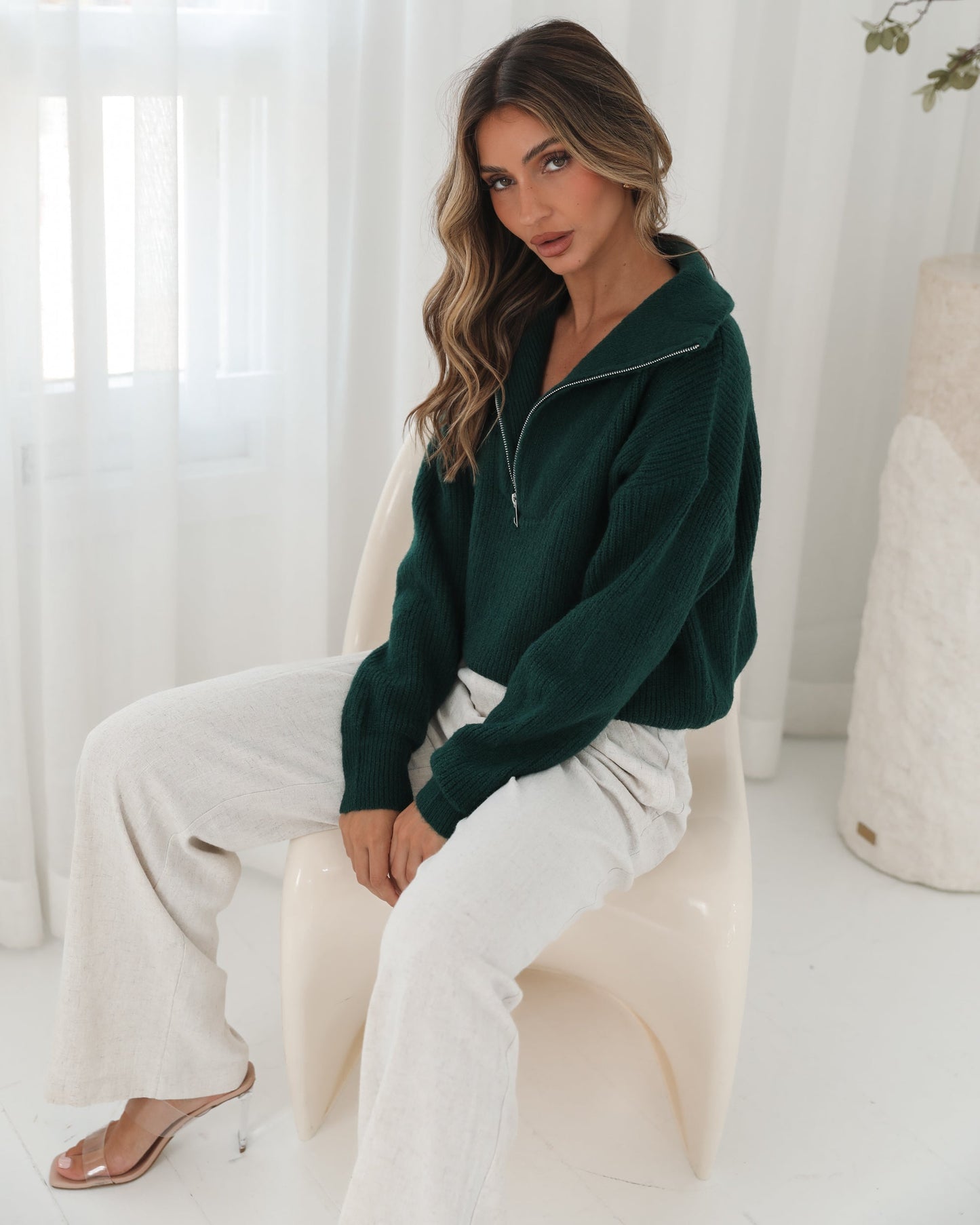 Merete Knit - Dark Green | Women's High Collar Knit Jumper