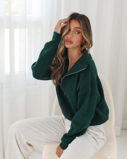 Merete Knit - Dark Green | Women's High Collar Knit Jumper