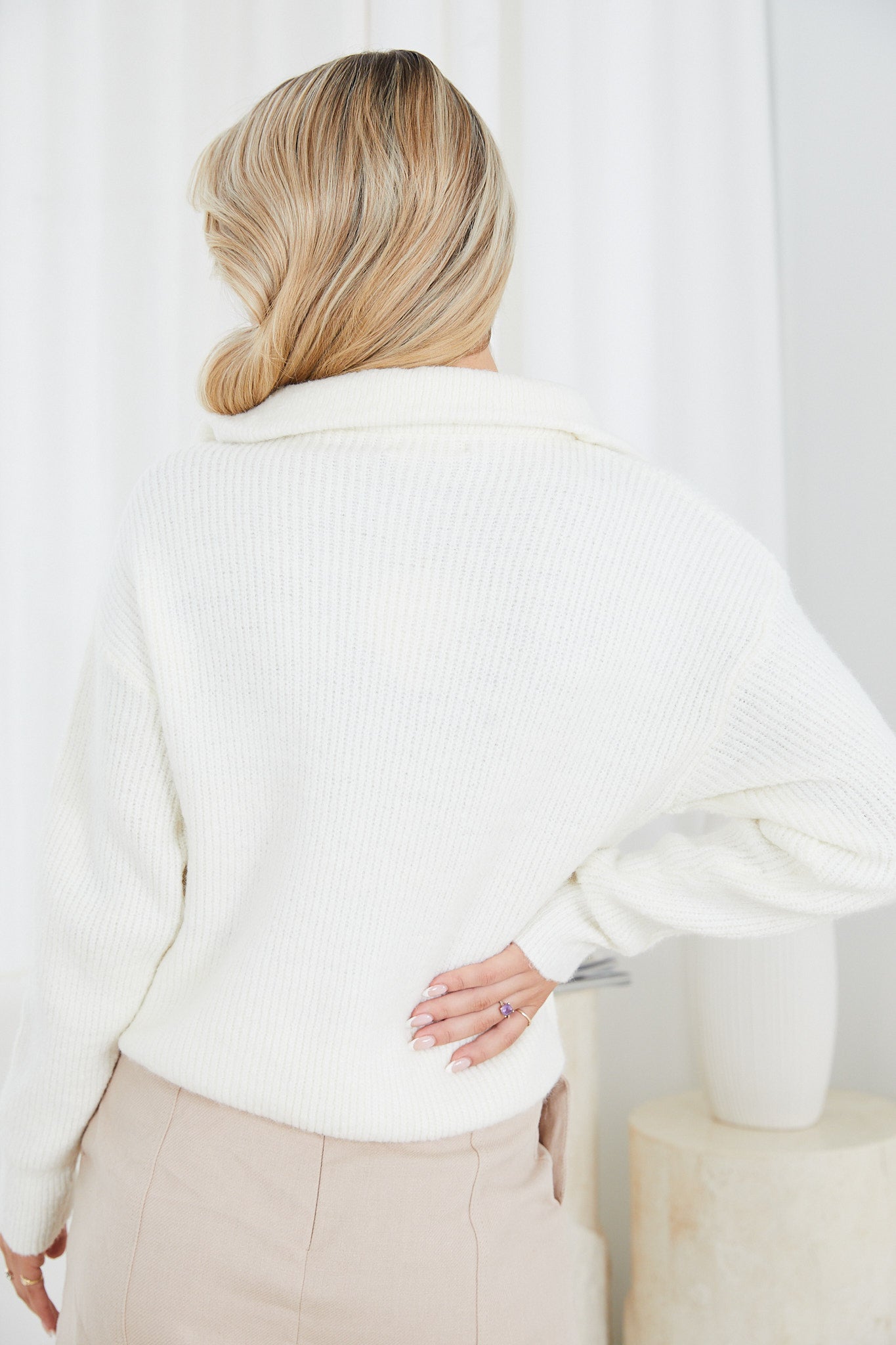 Merete White Knit | Women's Zip Collar Jumper