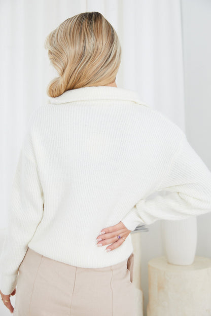 Merete White Knit | Women's Zip Collar Jumper