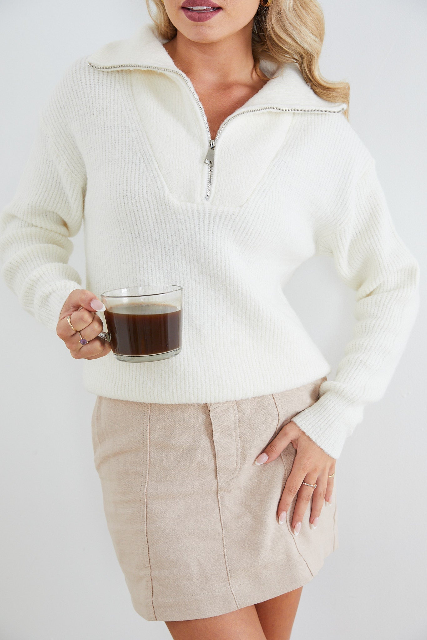 Merete White Knit | Women's Zip Collar Jumper