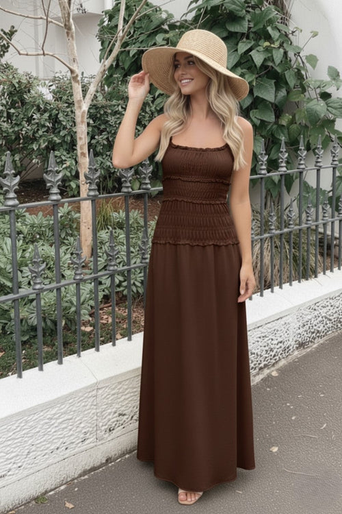 Mikayla Dress Brown | Women's Smocked Cotton Maxi Dress