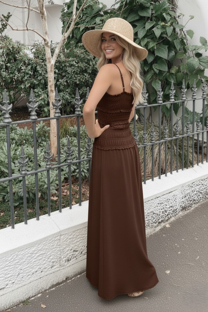 Mikayla Dress Brown | Women's Smocked Cotton Maxi Dress