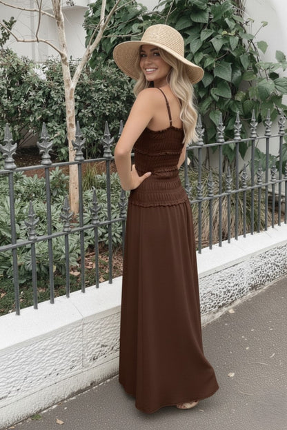 Mikayla Dress Brown | Women's Smocked Cotton Maxi Dress