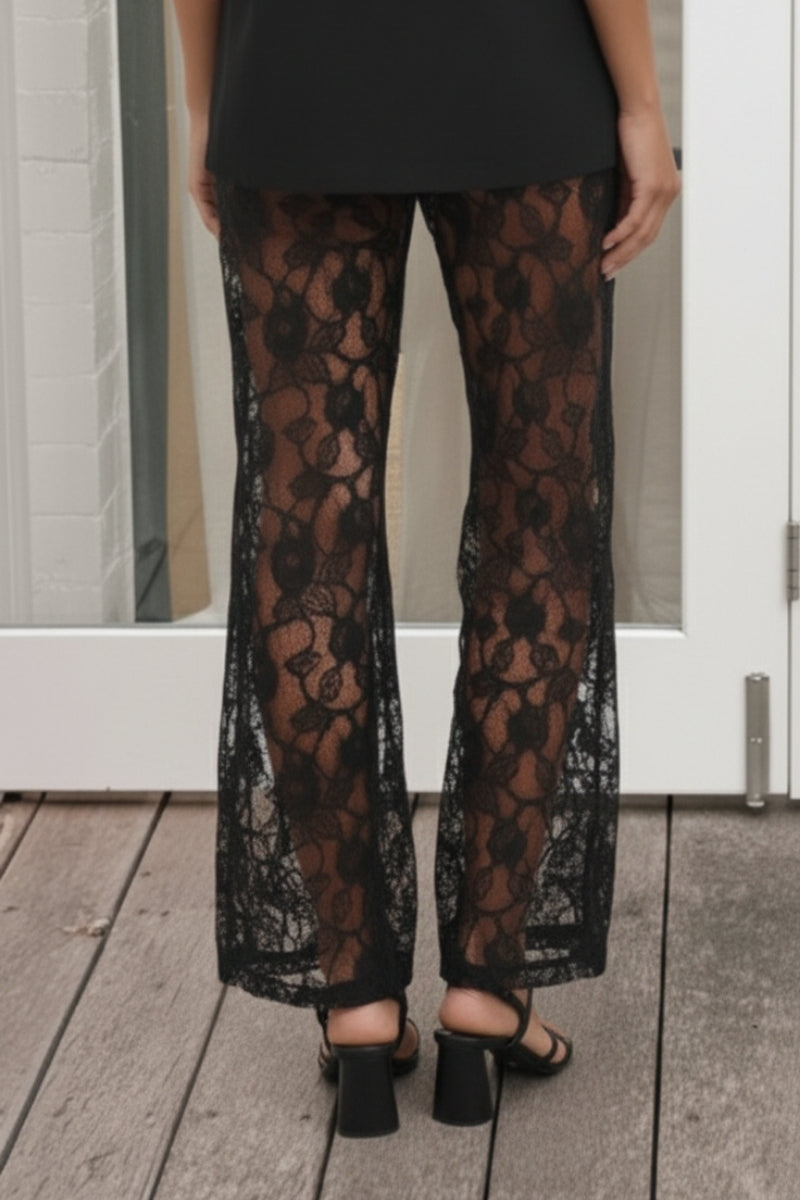 Myrrhane Black Lace Pants | Women's Lace Wide Leg Pants