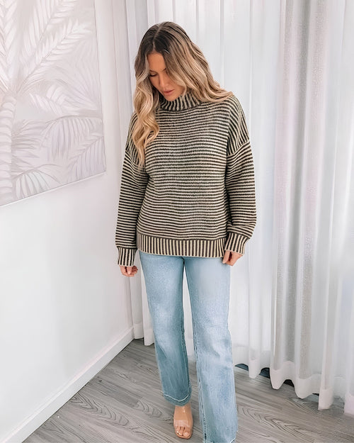 Naizelle Knit Latte Stripe | Women's High Neck Knit Jumper