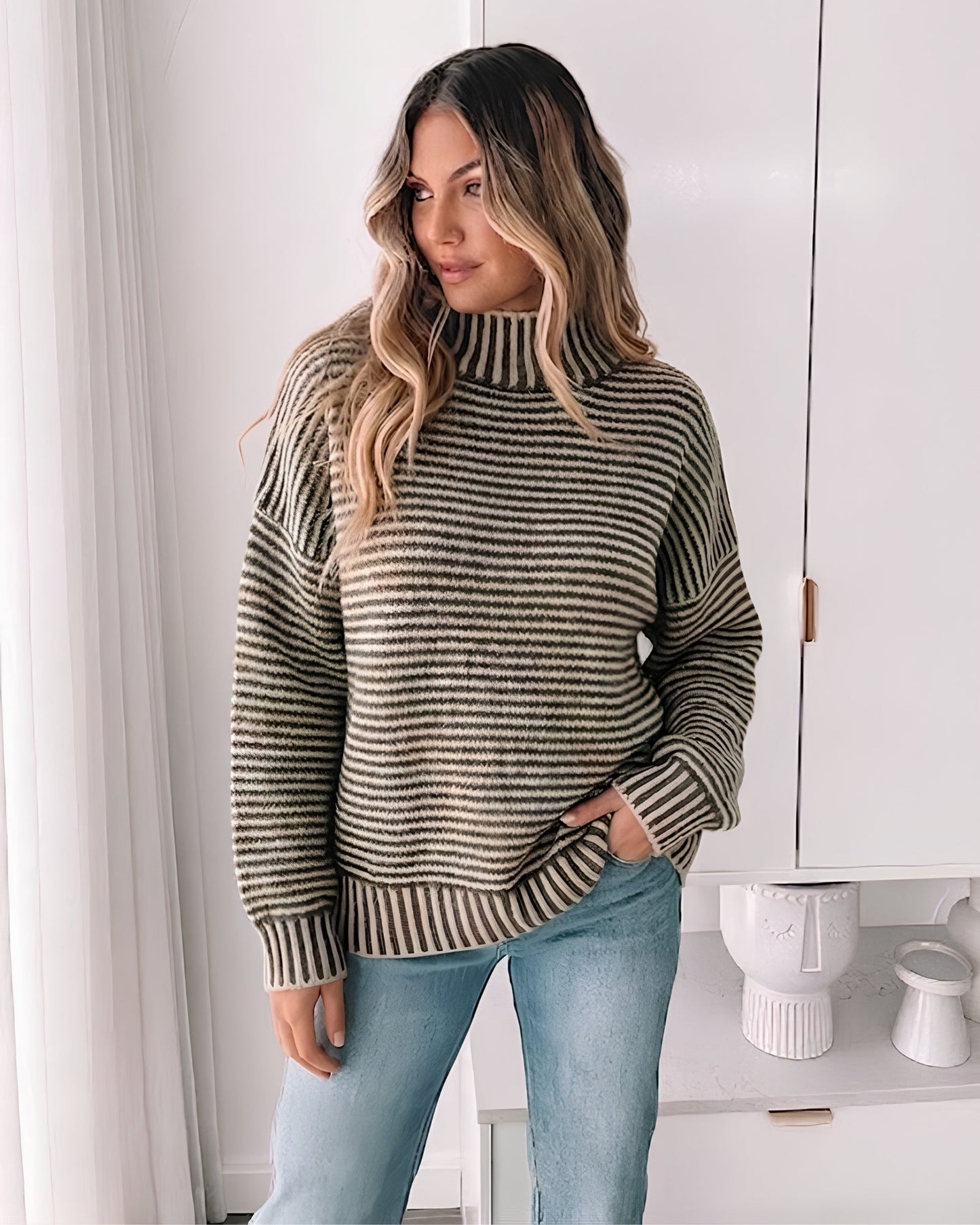Naizelle Knit Latte Stripe | Women's High Neck Knit Jumper