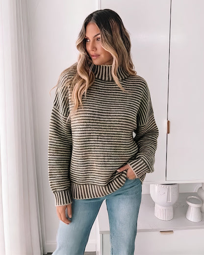 Naizelle Knit Latte Stripe | Women's High Neck Knit Jumper