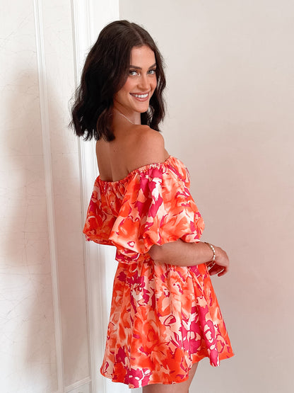 Nefertiri Dress Orange Print | Women's Printed Balloon Sleeve Mini Dress