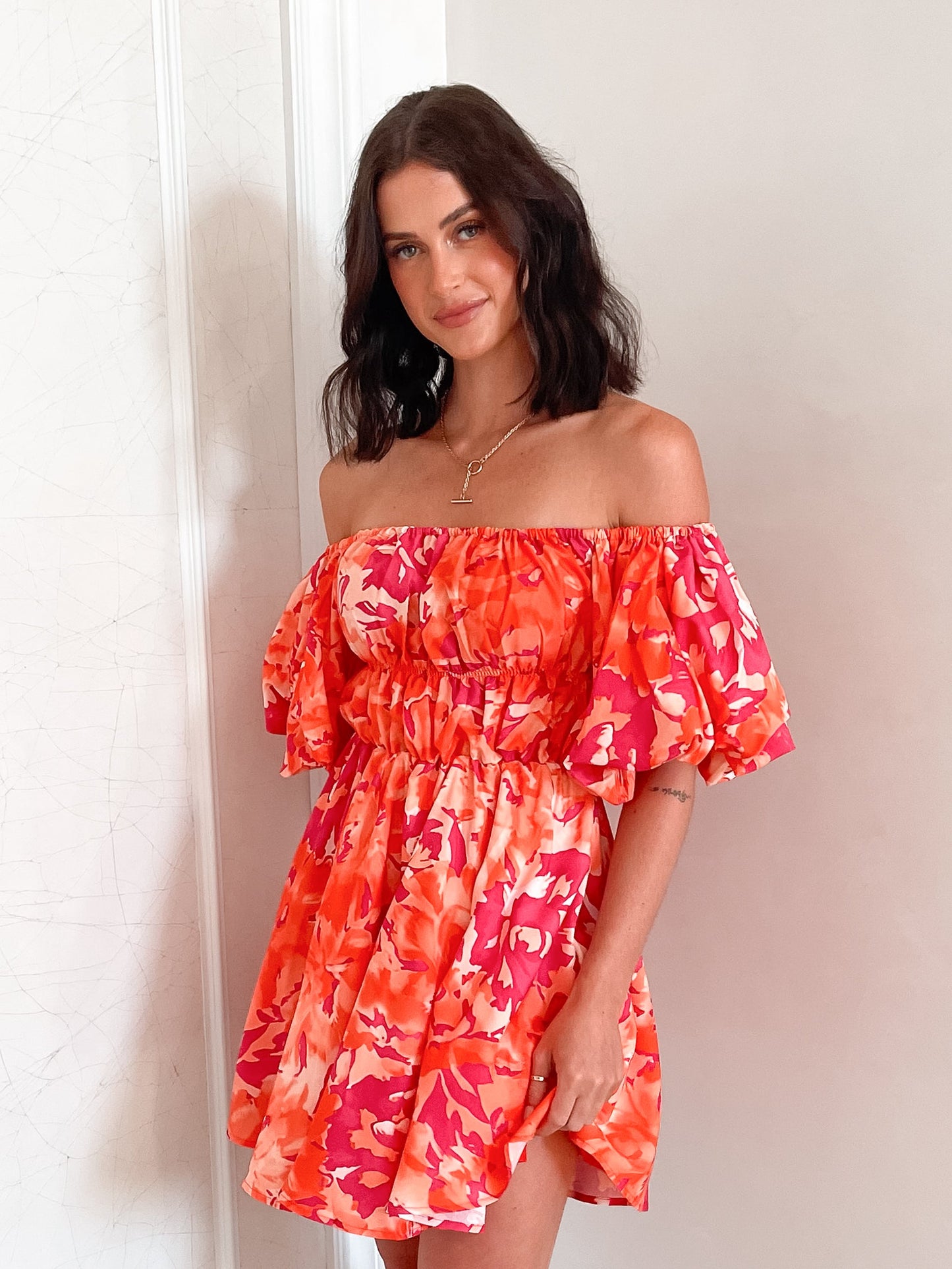 Nefertiri Dress Orange Print | Women's Printed Balloon Sleeve Mini Dress