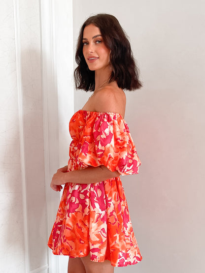 Nefertiri Dress Orange Print | Women's Printed Balloon Sleeve Mini Dress