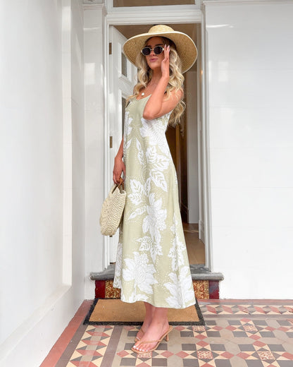 Noerele Dress Light Khaki | Women's Floral Linen Maxi Dress