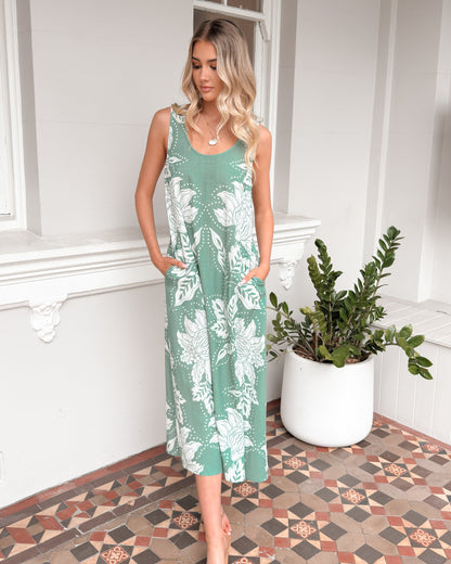 Noerelle Dress Sage Floral | Women's Floral Linen Maxi Dress