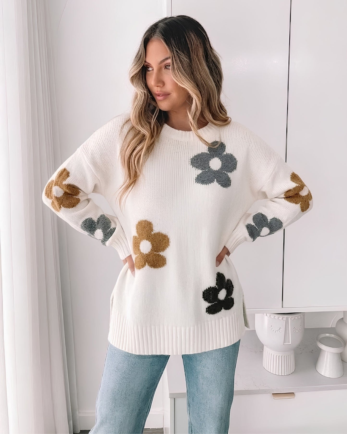 Novella Cream Floral Knit Jumper | Women's Floral Knit Jumper