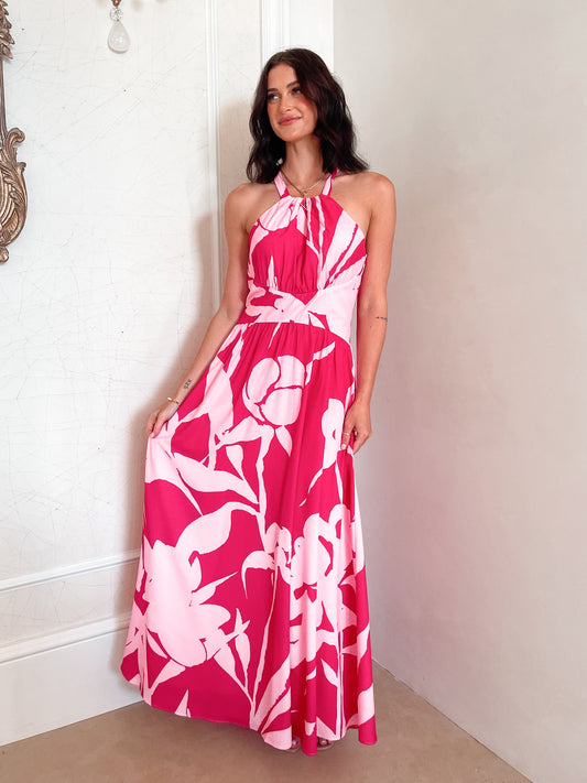 Nyra Red Floral Dress | Women's Halter Maxi Dress