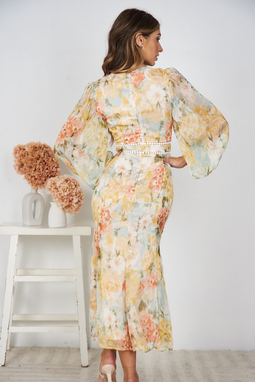 Pamelia Floral Print Dress | Women's Floral Bishop Sleeve Midi Dress