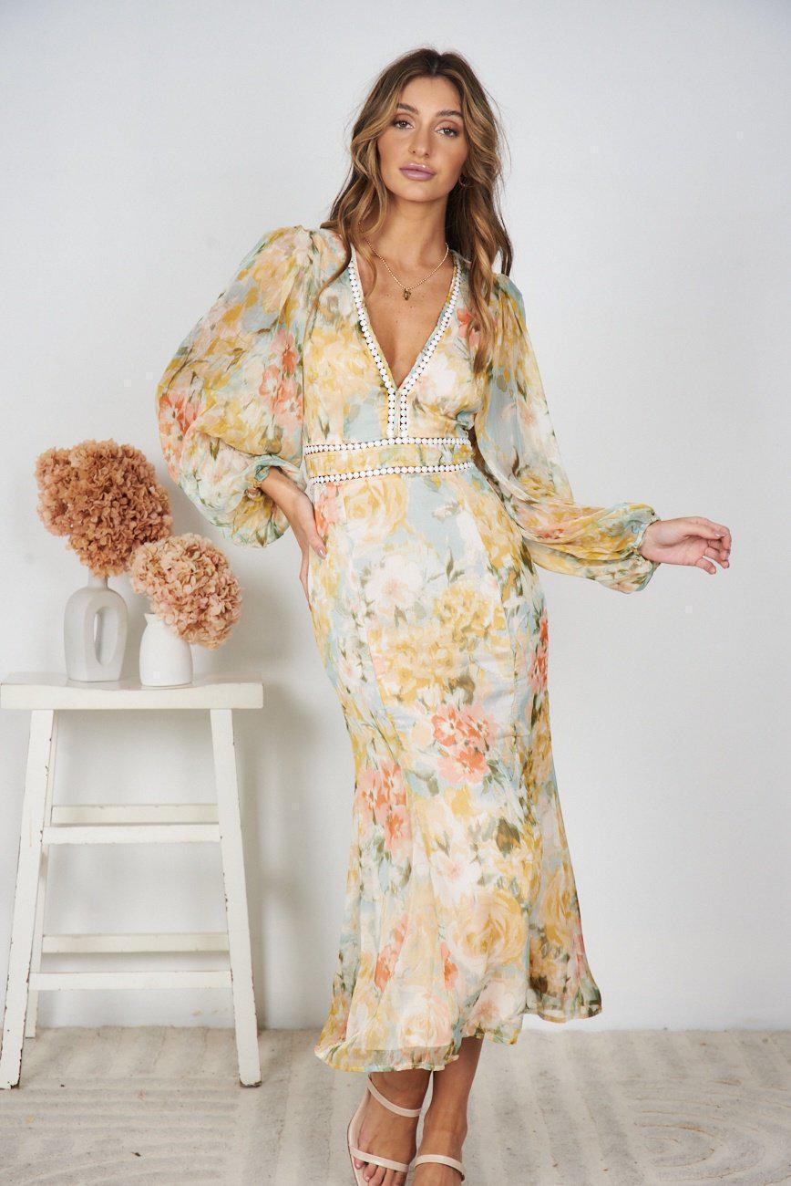 Pamelia Floral Print Dress | Women's Floral Bishop Sleeve Midi Dress