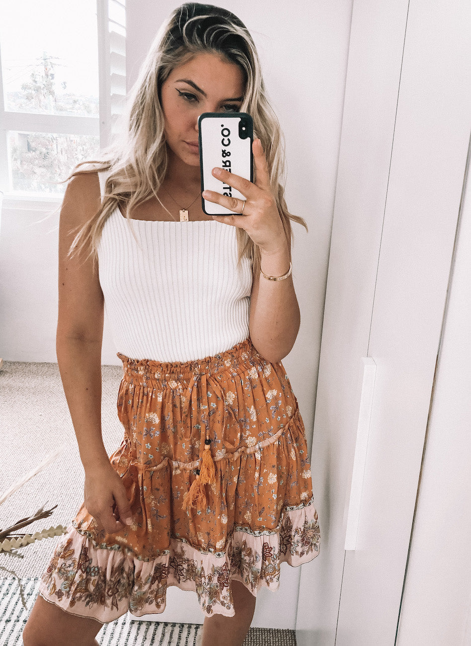 Enola Mustard Print Skirt | Women's Boho Mini Skirt
