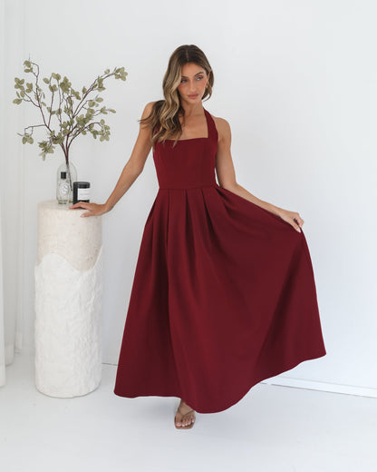 Quenara Wine Dress | Women's Halter Maxi Dress
