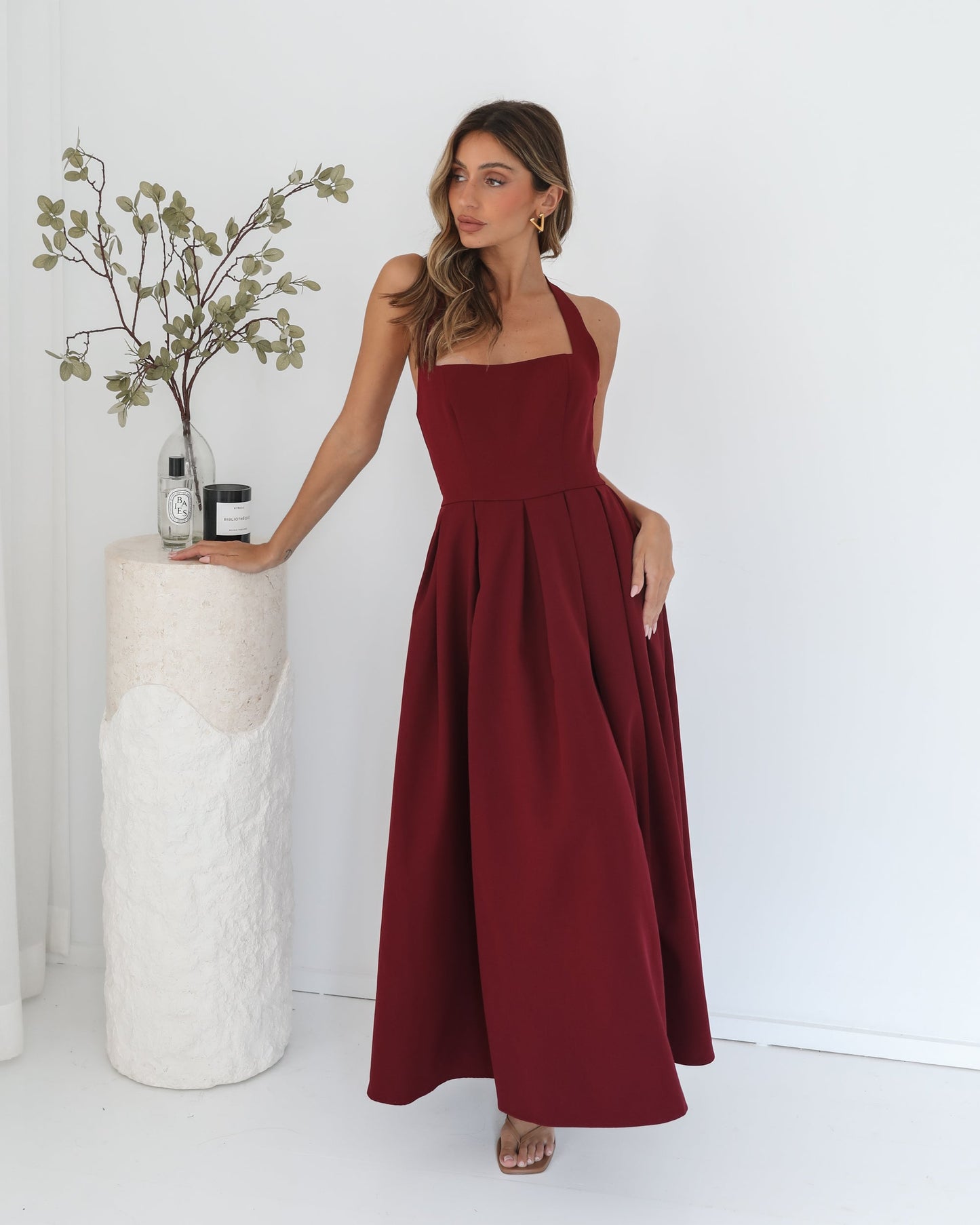 Quenara Wine Dress | Women's Halter Maxi Dress