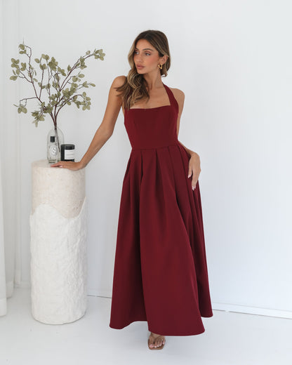 Quenara Wine Dress | Women's Halter Maxi Dress
