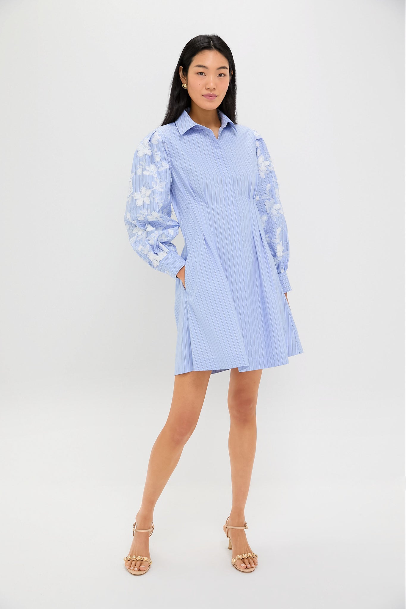 Blue Stripe Embroidery Mini Corinne Dress