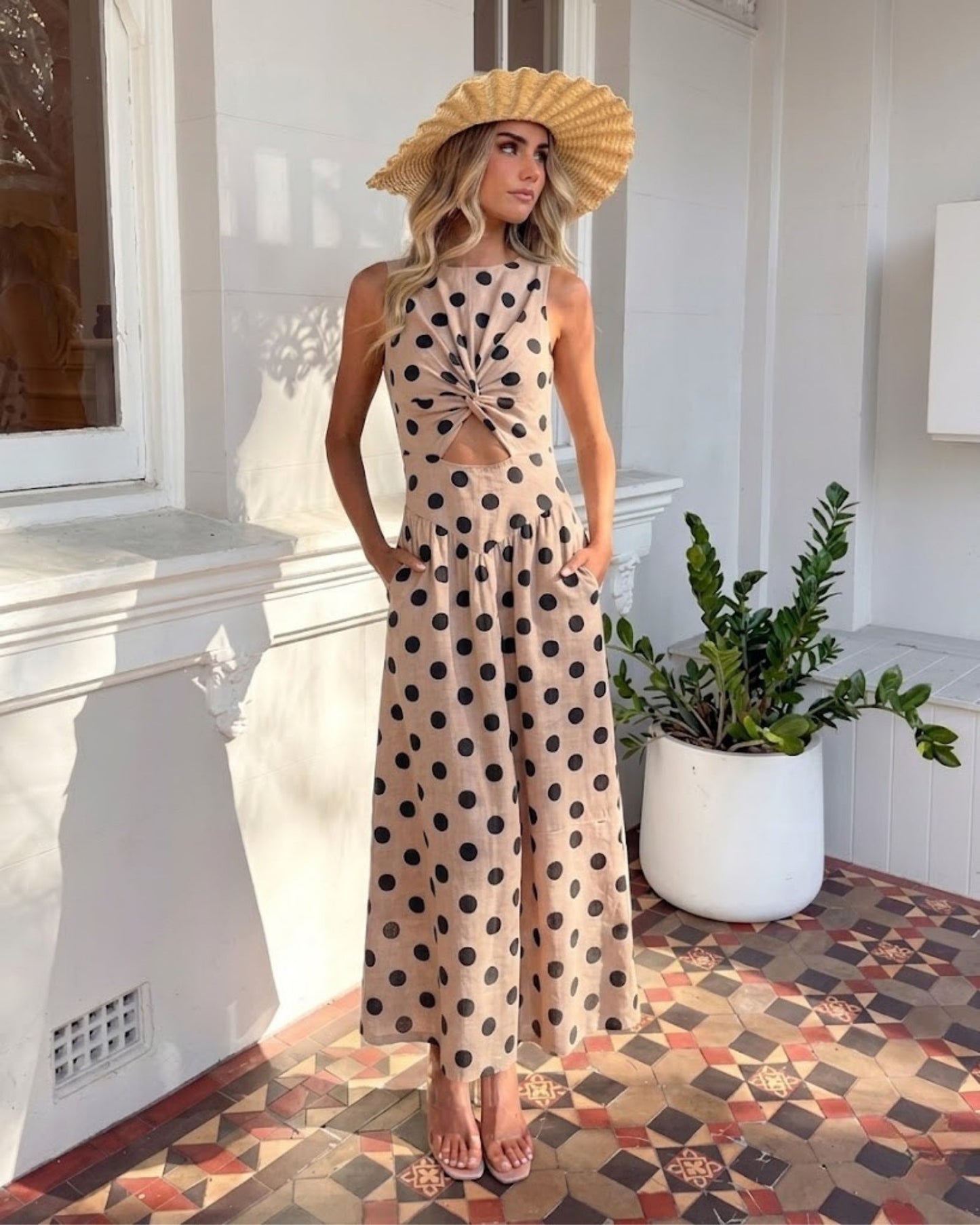 Rafiya Beige Spot Dress | Women's Linen Midi Dress